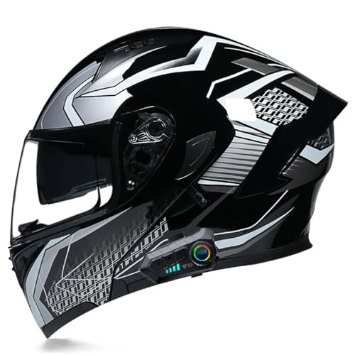 Bluetooth Motorradhelm Motorrad Klapphelm Modularer Helm mit Doppelvisier, DOT/ECE Genehmigte Kopfhörer für Automatische Antwort, Vollvisierhelm für Erwachsene Männer Frauen 15,M