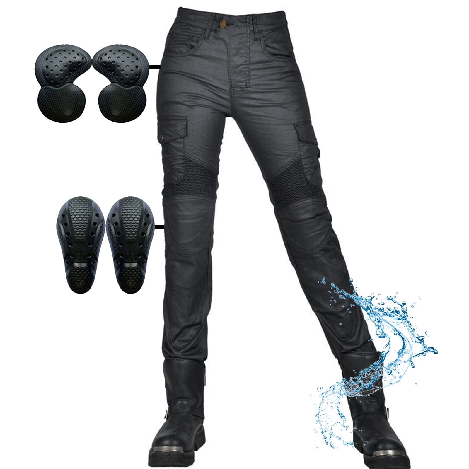 SHUOJIA Motorrad-Jeans-Schutzhose für Damen, winddicht, wasserdicht, beschichtete Motorradhose, mit 2 Paar Protect-Hüft- und Kniepolstern, abnehmbar, mehrere Taschen, Jean (Black,L)