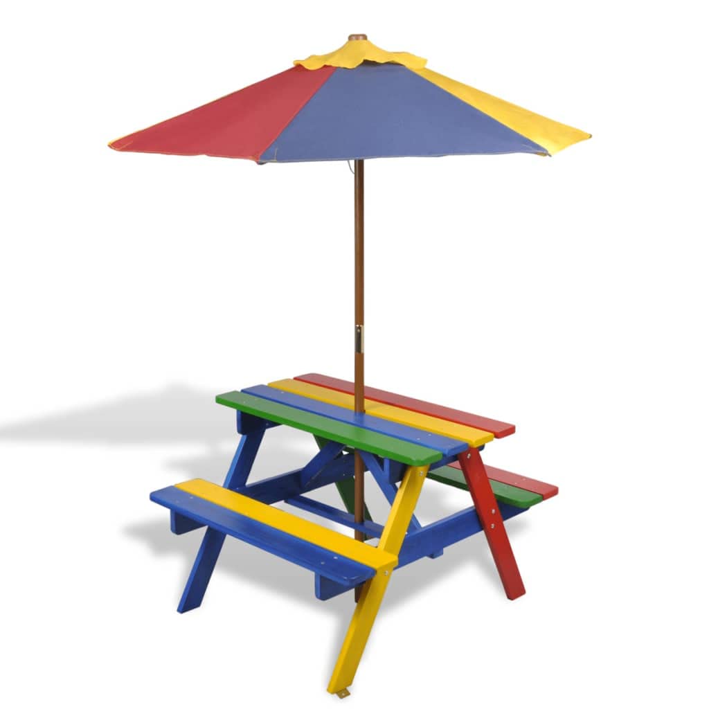 CKioict Balkontisch Terrassentisch Loungemöbel Kinder-Picknicktisch mit Bänken Sonnenschirm Mehrfarbig HolzFür Gärten, Rasenflächen, Balkone