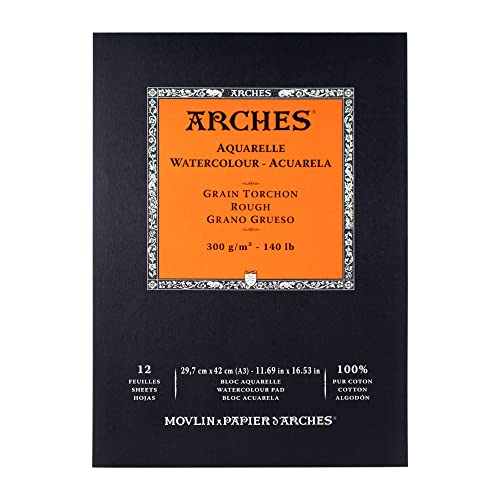 Arches 1795104 Aquarellpapier im Block (A3: 42 x 29,7 cm, Kopfgeleimt, 300g/m² Grobkorn) 12 Blatt naturweiß