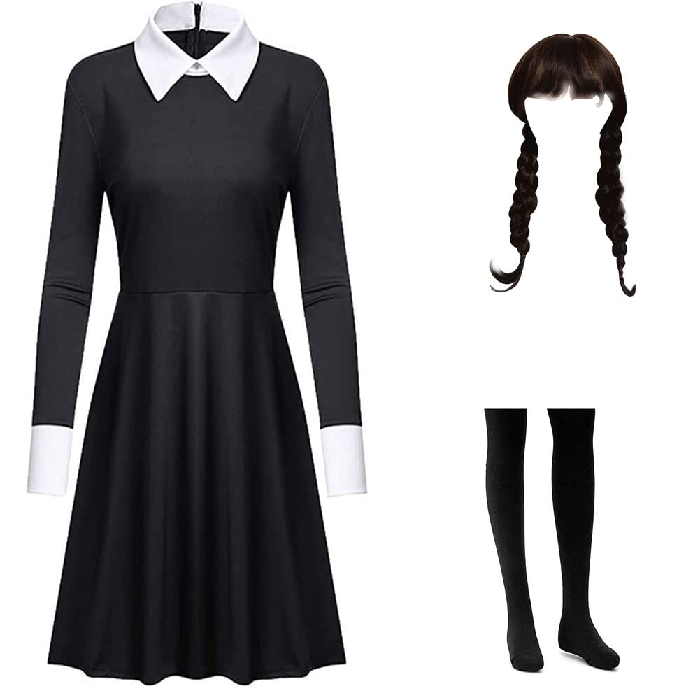 Kostüm Kleid Damen Mädchen Karnival Kosplay Schwartz Kleid Gothic Uniform Kinder Halloween Outfit mit Things und Wig 150