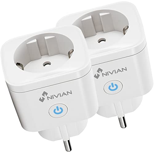 Nivian Intelligente Steckdosen, 2 Stück, WLAN, 2,4 GHz, bis zu 16 A und 3680 W, Überspannungsschutz und Energieverbrauch, kompatibel mit Amazon Alexa und Google Home, Fernbedienung mit App Tuya