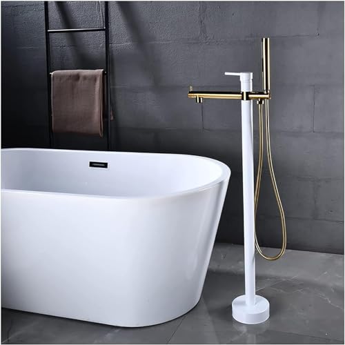 JQFDD Freestanding Bath Tap with Hand Shower, Single Lever Floor Mounted Bath Tap Brass Bath Mixer for Bathroom, White Gold