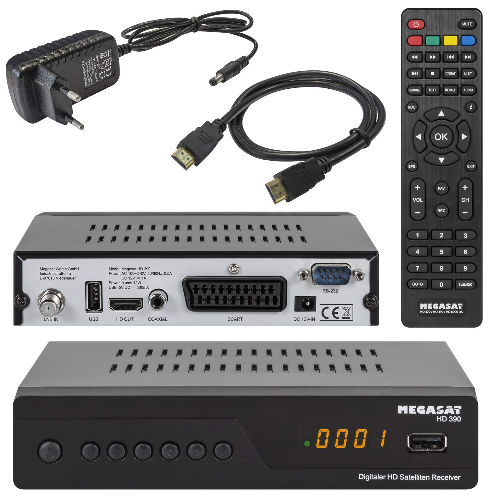 Megasat HD 390 HD SAT Receiver (HDTV, DVB-S2, HDMI, 1080p, SCART, USB Mediaplayer, Full HD, Astra vorinstalliert) inkl HDMI Kabel
