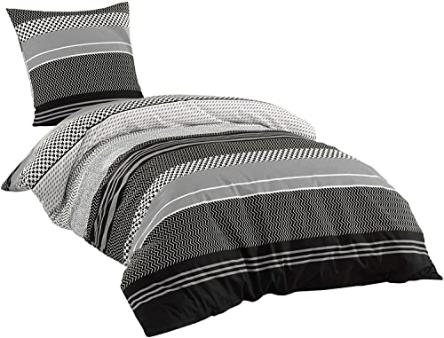 Sentidos Bettwäsche-Set 2-teilig Renforcé Baumwolle 140x 200 cm mit Reißverschluss Bett-Bezug, 80x80 cm Kissen-Bezug Bett-Garnitur Grau schwarz weiß (140x200 cm + 80x80 cm)