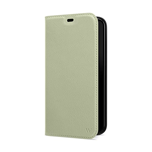 WIIUKA Hülle für iPhone 14, Leder aus Deutschland, mit Kartenfach, extra Dünn, Handyhülle mit Standfunktion, Macaron Edition - Tasche Pistazie - Grün