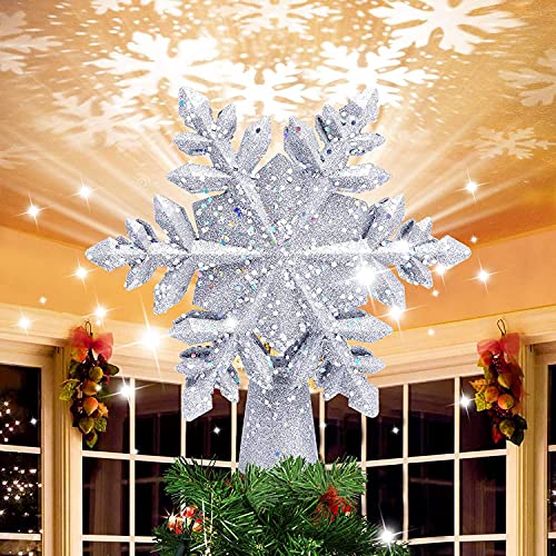 Weihnachtsdeko Weihnachtsbaumspitze Schneeflocke,Christbaumspitze Led Schneeflocke Projektor mit 3D Rotation,Baumschmuck Weihnachten für Weihnachten,Hause,Innendekoration, (Silbrig)