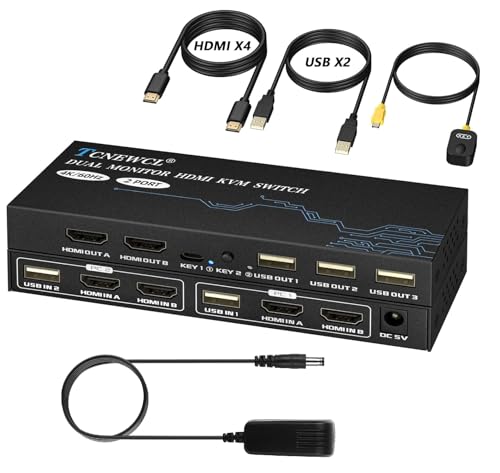 HDMI KVM Switch Dual Monitor 2 Port, 4K @ 60Hz KVM Switch 2 Monitors 2 in 2 Out, HDMI 2.0, HDCP 2.2, 2 PC 2 Monitor Switch with 4 HDMI and 2 USB Cables