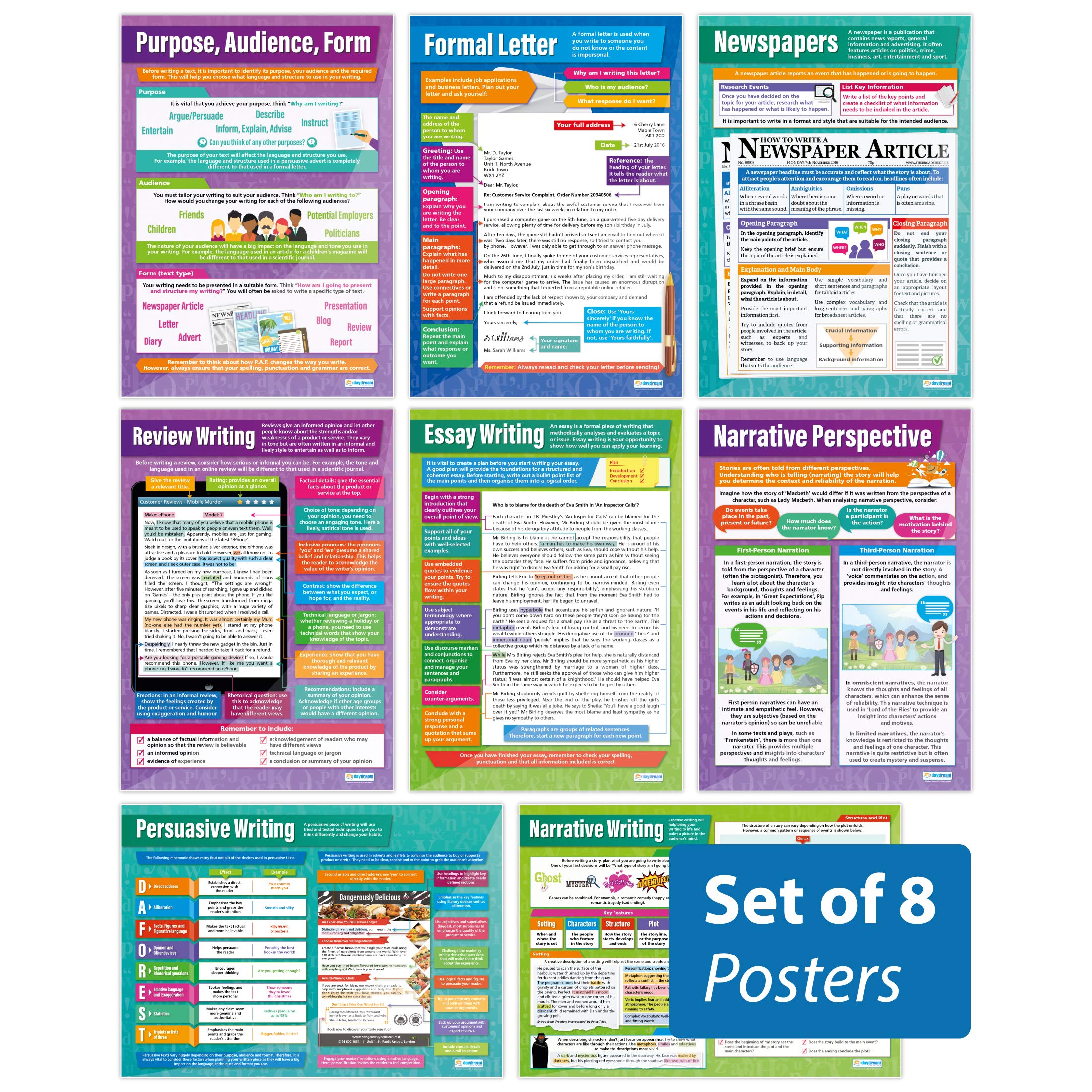 Daydream Education Poster, „Form of Writing Posters“, Set von 8, Englisch-Poster, Glanzpapier, 850 mm x 594 mm (A1), Sprachposter für Klassenzimmer, Lernposter
