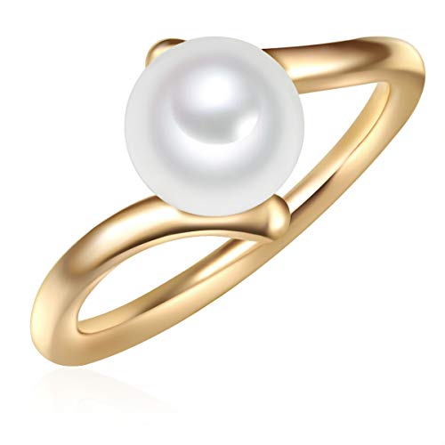 Valero Pearls Damen-Ring Welle Sterling Silber 925 gelbvergoldet Süßwasser-Zuchtperlen weiß - Modern-Ring für Frauen Gelbgold-Farben Süßwasser-perle