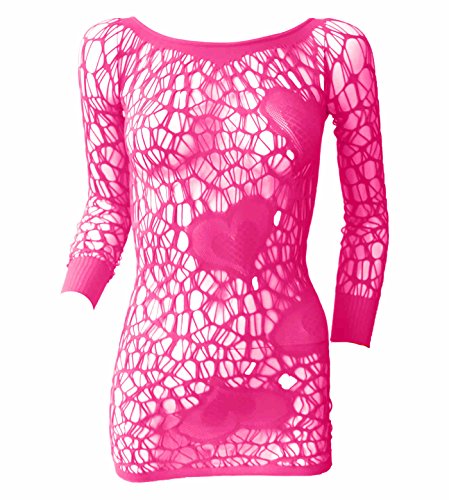Bodystocking Unterwäschen Reizwäsche Netz Strumpfhose - Sweetheart - Neon Pink - Bodysuit Nachtwäsche Dessous