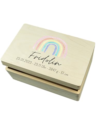 wunderwunsch - Personalisierte Erinnerungsbox Baby mit Hochwertigem UV-Farbdruck - Individuelle Baby Erinnerungsbox (Regenbogen bunt) (S | 30 x 20 x 14 cm, Regenbogen bunt)