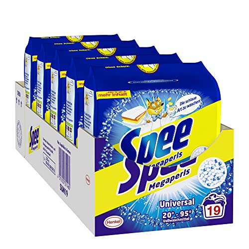 Spee Megaperls Universal Waschpulver 3+1, 95 (5 x 19) Waschladungen, Waschmittel für weiße Wäsche verleiht Reinheit, Strahlkraft und Frische, Vollwaschmittel zum schlauen Preis