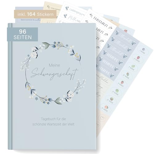 MINTKIND® Schwangerschaftstagebuch Blumen Blau mit Sticker Set I Hardcover Tagebuch zum Eintragen I Geschenk für Schwangere und werdende Mütter | Tagebuch Schwangerschaft