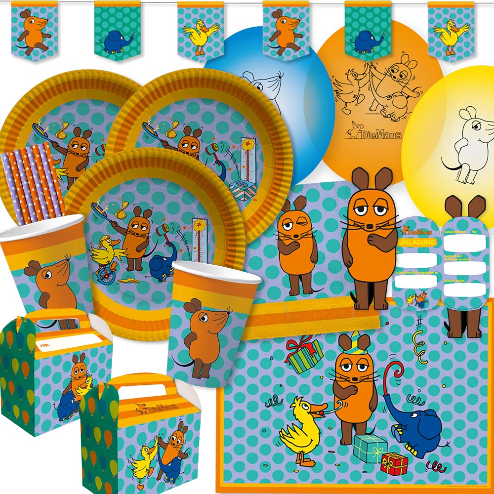 dh-konzept/spielum 77-teiliges Party-Set - Die Maus -Teller Becher Servietten Platzsets Wimpelkette Einladungen Luftballons Partyboxen Trinkhalme für 8 Kinder