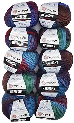 10 x 50 g YarnArt Harmony Strickwolle mehrfarbig mit Farbverlauf, 500 Gramm Strickgarn mit 60% Wolle-Anteil (bordeaux lila blau A1)