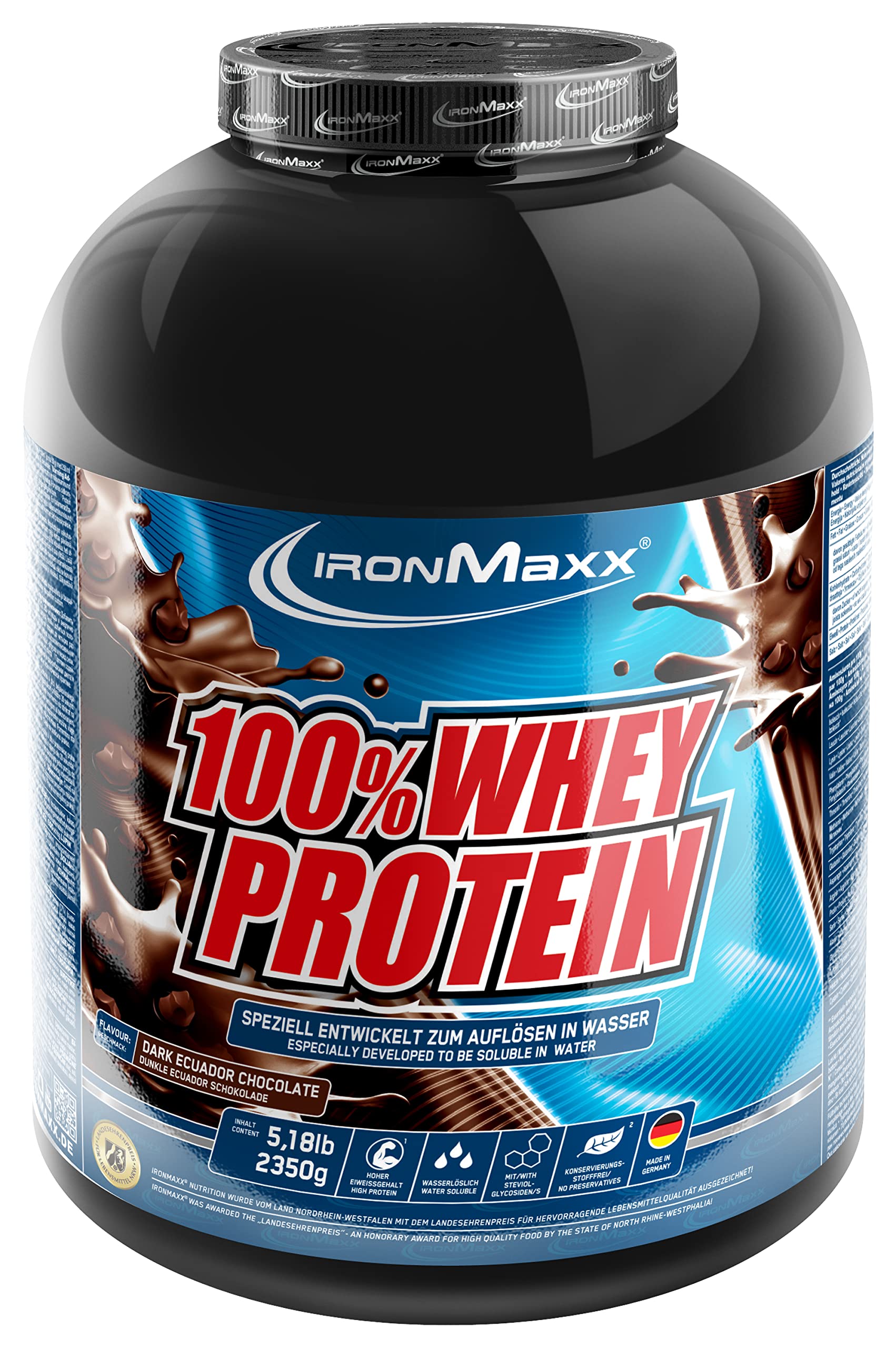 IronMaxx 100% Whey Protein Pulver - Dark Ecuador Chocolate 2,35kg Dose | zuckerreduziertes, wasserlösliches Eiweißpulver aus Molkenprotein | viele verschiedene Geschmacksrichtungen