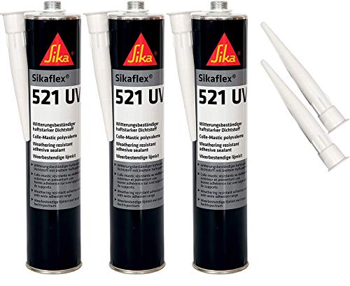 Sikaflex-521 UV witterungsbeständiger Haftstarker Dichtstoff, 300ml, Schwarz, 3 Set mit 5 Düsenspitzen