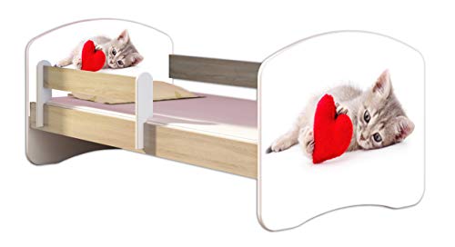 Kinderbett Jugendbett mit einer Schublade und Matratze Sonoma mit Rausfallschutz Lattenrost ACMA II 140x70 160x80 180x80 (40 Katze mit Herz, 180x80)