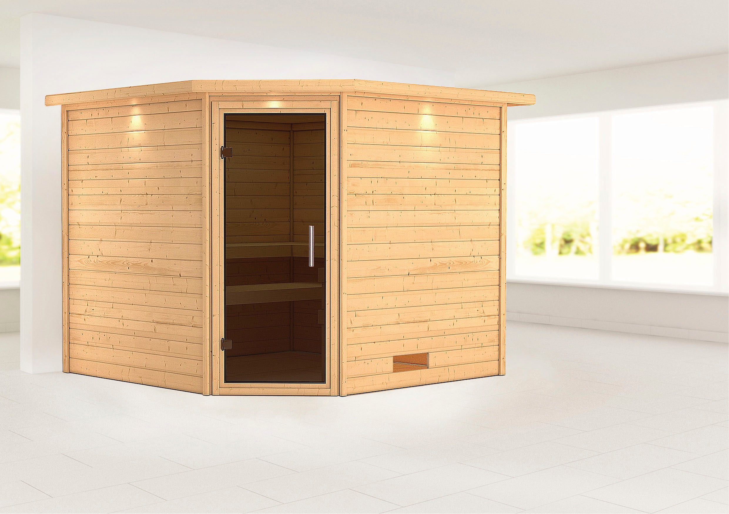 Karibu Sauna ""Leona" mit Kranz und graphitfarbener Tür naturbelassen"
