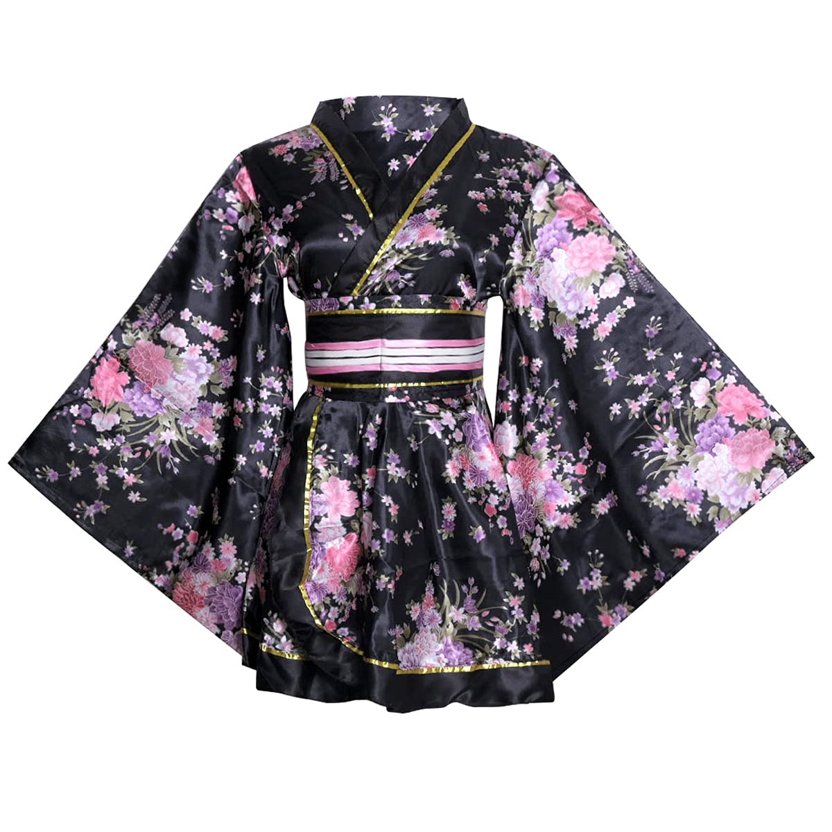 HUAHUA Damen Sexy Kurz Kimono Kleid Blumendruck Japanische Traditionelle Geisha Yukata Bademantel Rock Gürtel Outfit, D02-schwarz, Einheitsgröße