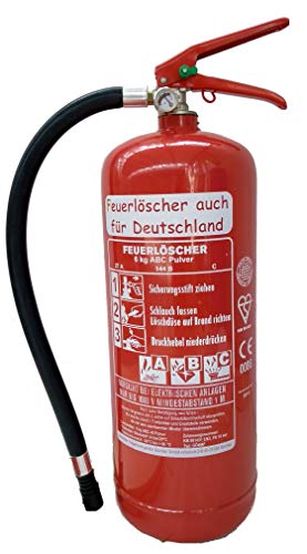 Feuerlöscher 6kg ABC Pulverlöscher mit Manometer EN 3 , Prüfnachweis mit Jahresmarke , Messingarmatur Sicherheitsventil , ( Ohne Kunststoffstandfuß mit Wandhalter Ohne Prüfnachweis U. Jahresmarke )