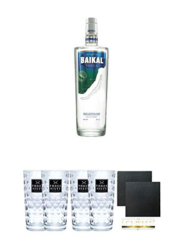 Baikal Vodka 0,7 Liter 40% + Three Sixty Vodka Gläser 2 Stück + Three Sixty Vodka Gläser 2 Stück + Schiefer Glasuntersetzer eckig ca. 9,5 cm Ø 2 Stück