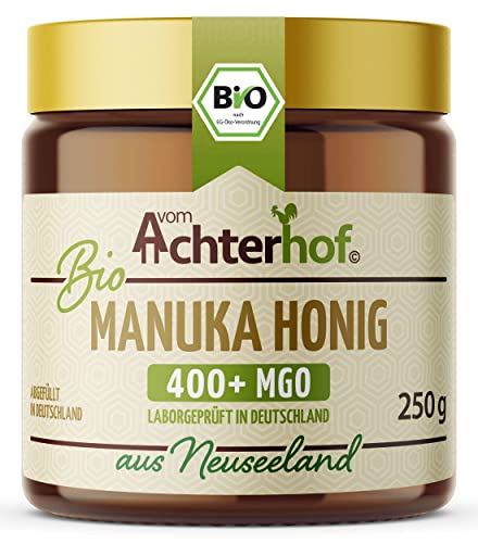 Bio Manuka Honig | 250g | 100% BIO | mit 400+ MGO | in Deutschland laborgeprüfter Methylglyoxal Wert | reines Naturprodukt aus Neuseeland | aus ethischer Imkerei | vom Achterhof