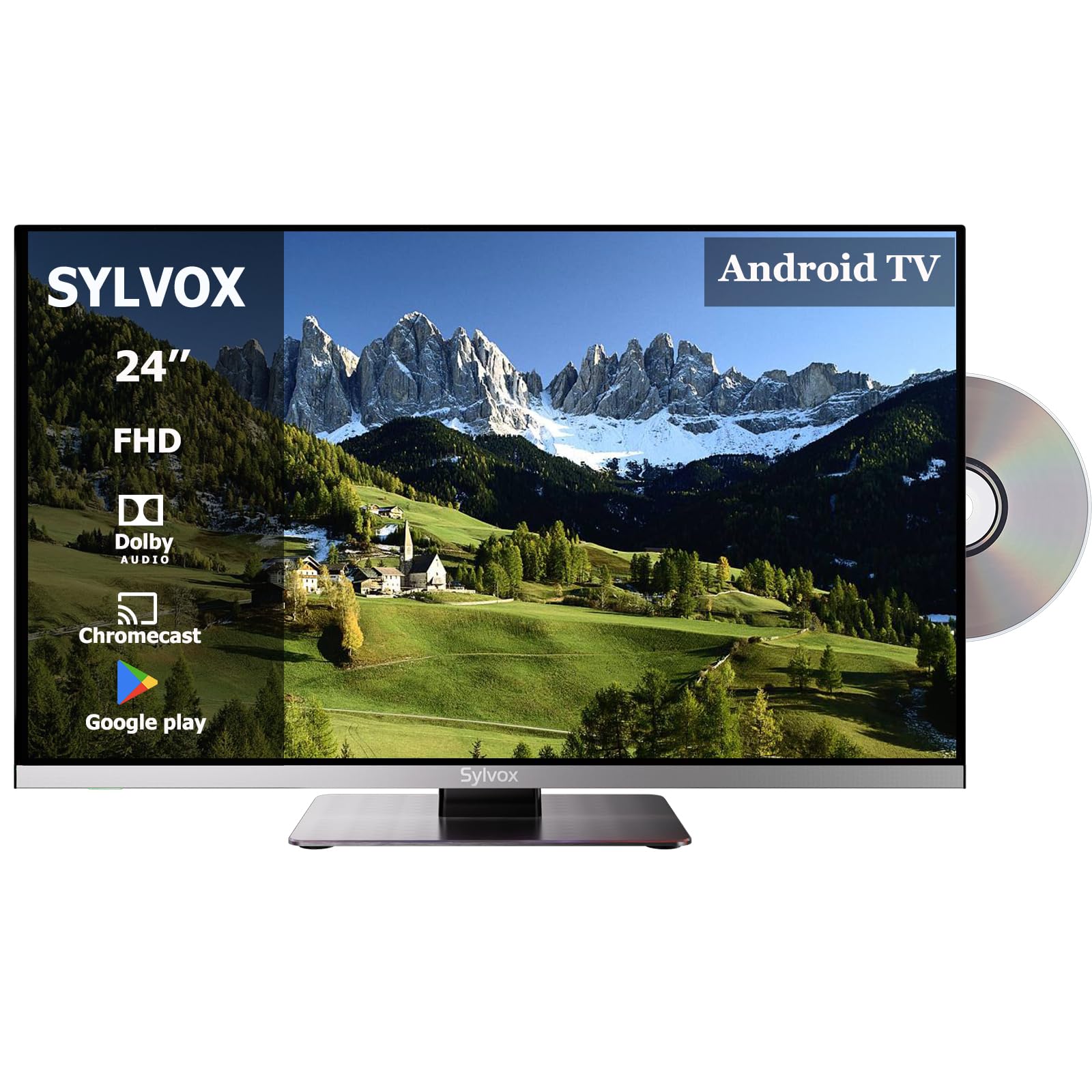 SYLVOX 24 Zoll Smart TV für Wohnmobile|DVD Play Eingebaut|Google Play|Chromecast| DC 12V Android 11 Fernseher | 1080P| ATV DTV| Äußerst schmale Lünette| Ideal für Wohnmobile Wohnzimmer