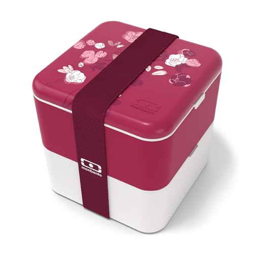 monbento - MB Square Graphic Magnolia Lunchbox – Große luftdichte Bento-Box mit 2 Fächern – ideal für Arbeit/Picknick – BPA-frei und langlebig – hergestellt in Frankreich – Motiv: Blumen, Rosa und