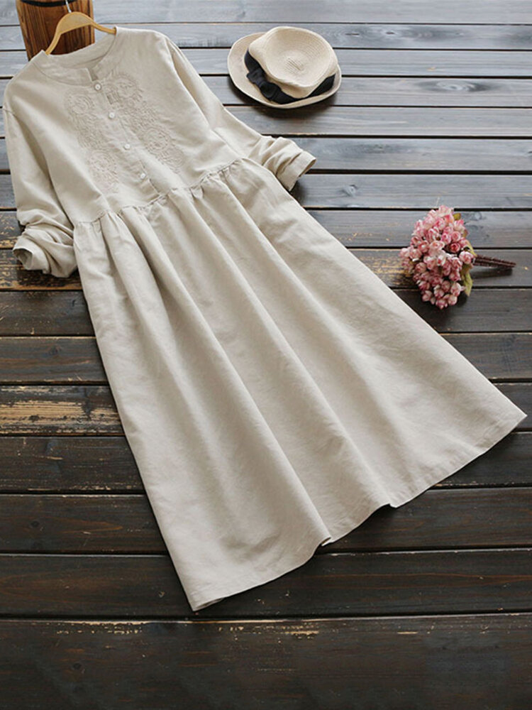 Vintage Damen Baumwolle einfarbig Rundhalsknopf Langarm Kleid