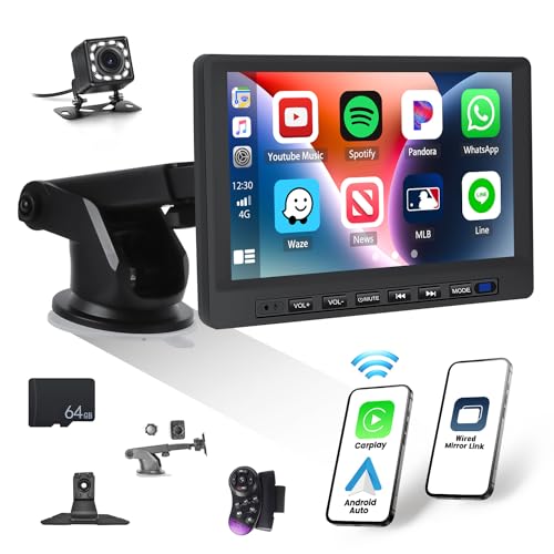 OiLiehu 7 Zoll Autoradio mit Bildschirm Wireless Apple CarPlay Android Auto Autoradio mit Mirror Link/FM-Sender/Siri/Bluetooth/AUX-in/SWC/64G TF-Karte für 7-32V