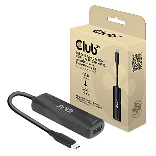 Club3D CAC-1588 USB Gen2 Typ-C zu HDMI™ 8K60Hz oder 4K120Hz HDR10, DSC1.2, Power Delivery 3.0 Activ Adapter St./B.