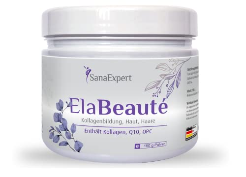 SanaExpert ElaBeauté, Nahrungsergänzung mit Kollagen, Q10, OPC, Zink & Vitaminen, Kollagenbildung, Haut und Haare, Kollagenpulver, 150g