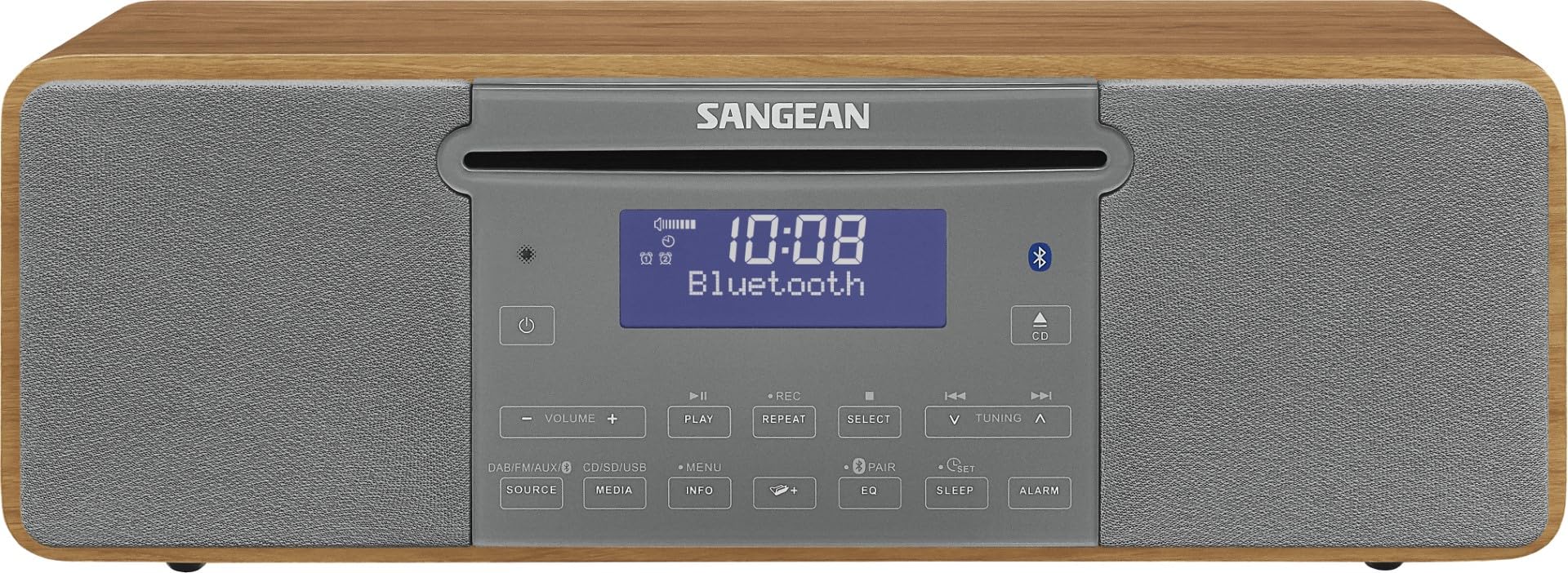 Sangean DDR-47BT All-in-One Kompakt-Anlage (DAB+/UKW-Tuner, Bluetooth, CD/MP3-Player, USB 2.0, SD-Kartenleser, AUX-In, Recording Funktion) inkl. Fernbedienung walnuss/grau
