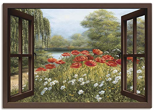 Artland Qualitätsbilder I Bild auf Leinwand Leinwandbilder Wandbilder 100 x 70 cm Botanik Blumen Mohnblume Malerei Grün C8ZR Mohnwiese am See Fensterblick