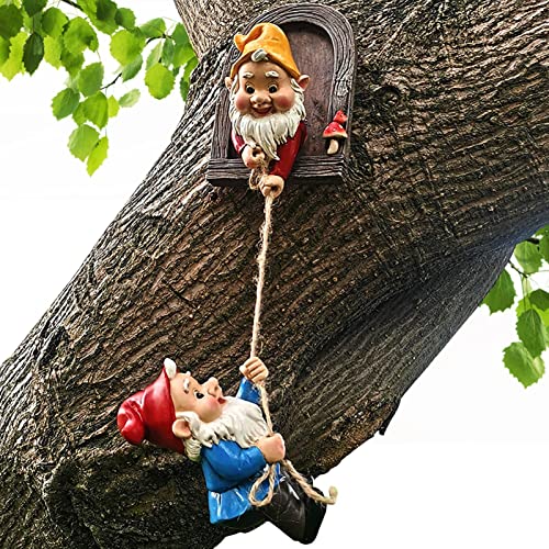 weemoment Kletterzwerge Tree Hugger Decor, Gartenzwerge Figur Gartendeko Figuren für Außen, Einzigartige Gartenskulptur Cartoon Dwarf Hängende Ornamente