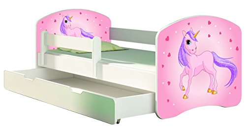 Kinderbett Jugendbett mit einer Schublade und Matratze Weiß ACMA II 140 160 180 40 Design (160x80 cm + Bettkasten, 17 Pony)
