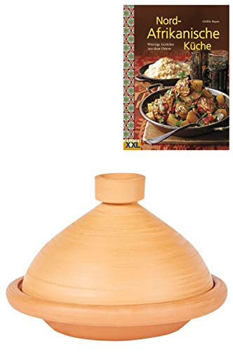 Marokkanische Tajine Topf zum Kochen + Kochbuch | Schmortopf Unglasiert Tuareg Ø 31cm für 3 - 5 Personen | inklusive Rezepte Buch Nord Afrikanische Küche | ORIGINAL Tontopf handgetöpfert aus Marokko