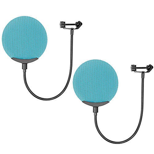 Professionelle Mikrofon-Pop-Filtermaske, doppelschichtig, Windschutz mit flexiblem 360°-Clip, Blau, 2 Stück