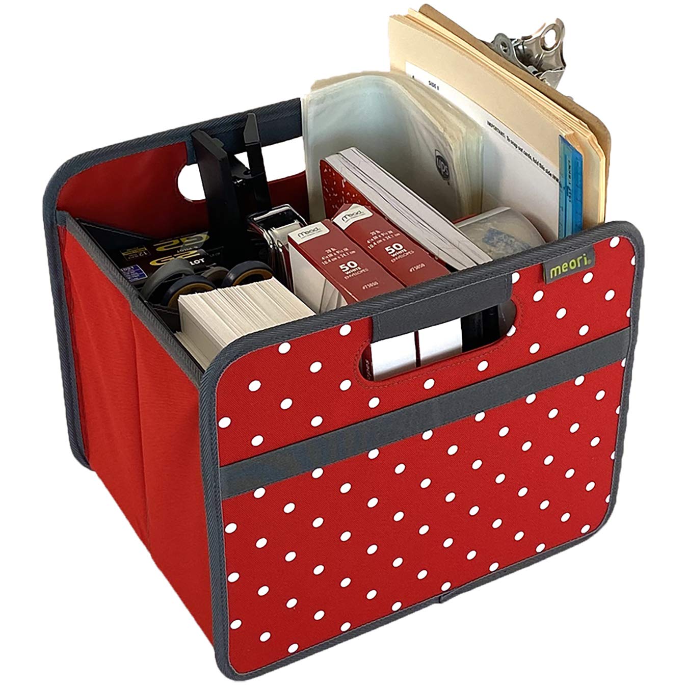 meori Faltbox Small in Rot mit Punkten - Stabile Klappbox S mit Griffen - perfekte Allzweck Aufbewahrungslösung - Tragkraft bis 30 kg - A100063 - 32 x 26,5 x 27,5 cm