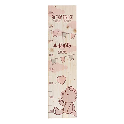 Striefchen® Messlatte für Kinder mit Namen aus Holz für Kinderzimmer mit niedlichen Motiven Messleiste Teddy Rosa