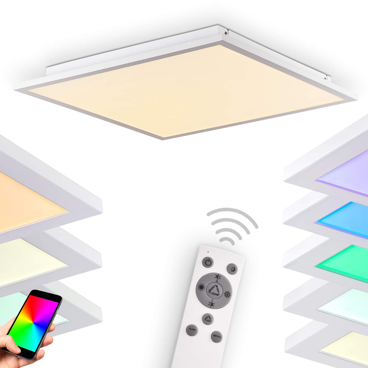 HOFSTEIN LED Panel Salmi, dimmbares Deckenpanel aus Aluminium in Weiß, 36W, 3000-6000 Kelvin, m. RGB-Farbwechsel, bedienbar über Smartphone-App (iOS & Android), Sprachsteuerung o. Fernbedienung