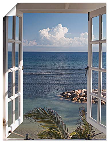 Artland Poster Kunstdruck Wandposter Bild ohne Rahmen 60x80 cm Fensterblick Fenster zum Paradies Strand Meer Maritim Palmen Landschaft T9II