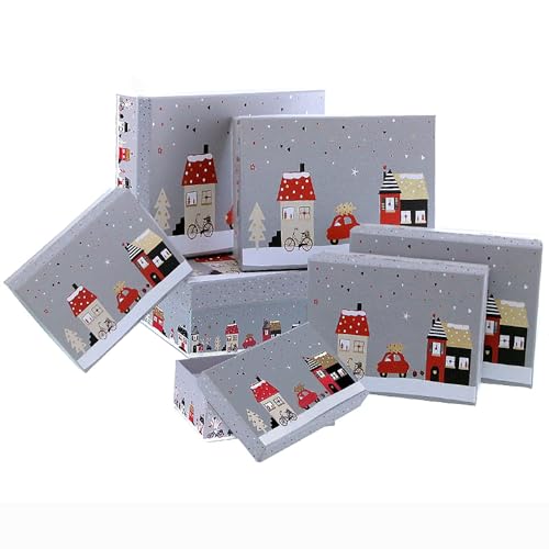 7-tlg. Set Geschenkkarton für Weihnachten - Geschenkboxen für Weihnachten - Große Geschenkkarton Weihnachten - Pappschachteln für Weihnachten - Geschenkschachteln Weihnachten Farbe Häuser