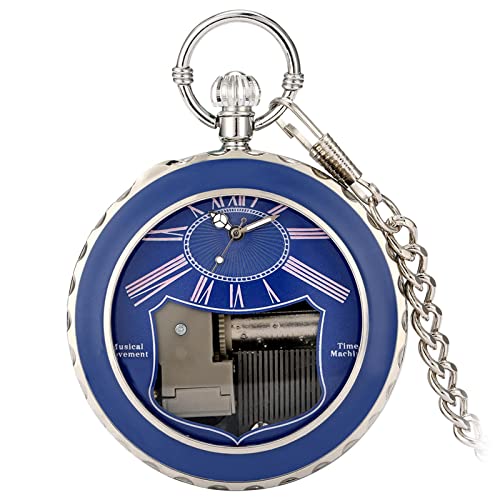 Colcolo -Taschenuhr mit Musikwerk, einzigartig, glatt, Vintage, personalisiert, mit Kette, für Weihnachten, Geburtstag, Vatertag, Frauen, Blau
