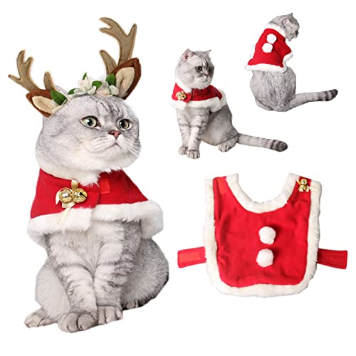 Katzen-Weihnachtsmann-Umhang mit Glocken, Haustierkostüme, für kleine Hunde und Katzen, weicher roter Samt, Haustierumhang, Kleidung, Outfit, verstellbar, Halloween, Weihnachten, Party, Cosplay (S)