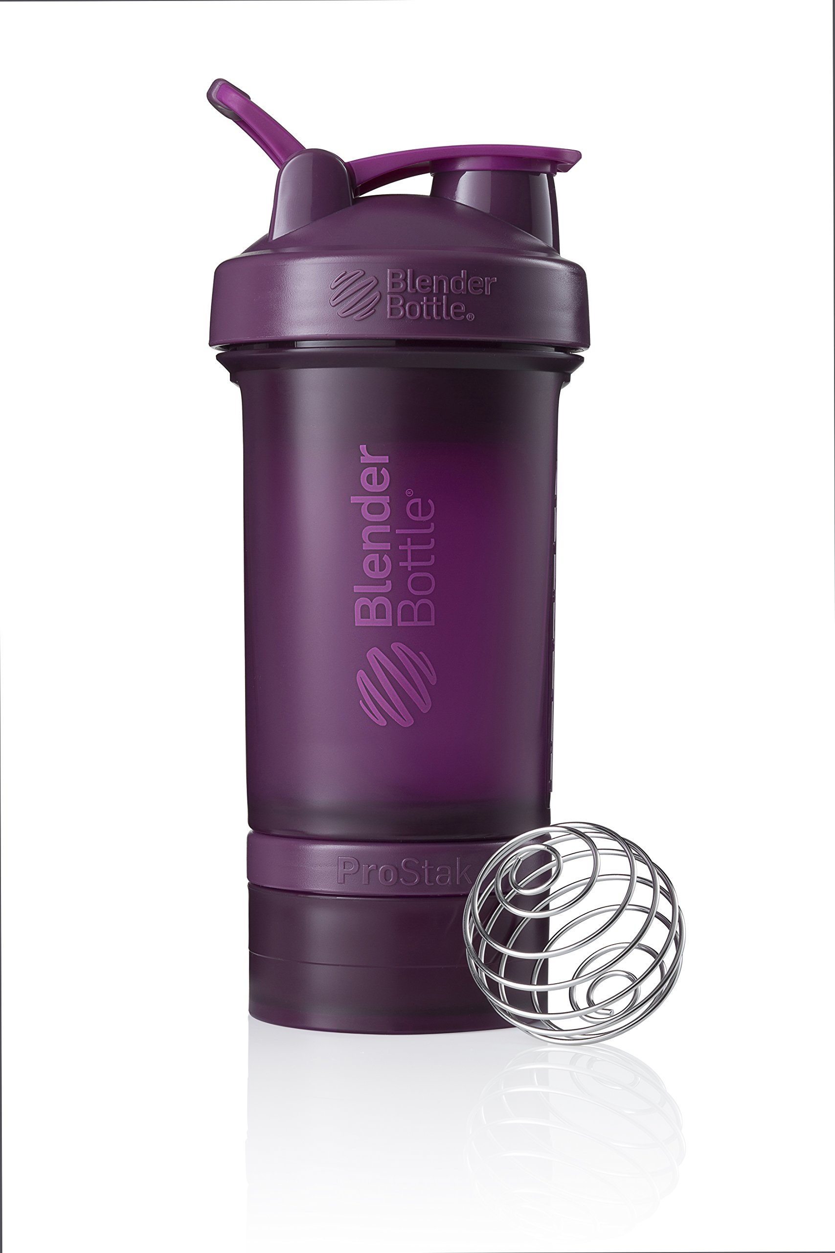 BlenderBottle ProStak Protein Shaker mit BlenderBall mit 2 Container 150 ml und 100 ml, 1 Pillenfach, optimal für Eiweiß, Diät und Fitness Shakes, skaliert bis 450ml, lila (650ml)
