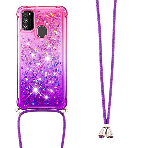 Handykette Handyhülle für Samsung Galaxy A41 Hülle,Glitzer Quicksand kreatives Fließende Flüssigkeit schwimmt Silikon Case mit Umhängeband Handykordel Band Kette für Galaxy A41,YB GS Pink Purple