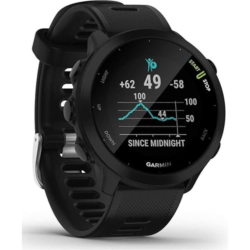 Garmin Forerunner 55 – GPS-Laufuhr mit 1,04“ Always-On-Farbdisplay, täglichen Trainingsempfehlungen, Laufzeitprognose, über 15 vorinstallierten Sport-Apps und bis zu 14 Tagen Akkulaufzeit.